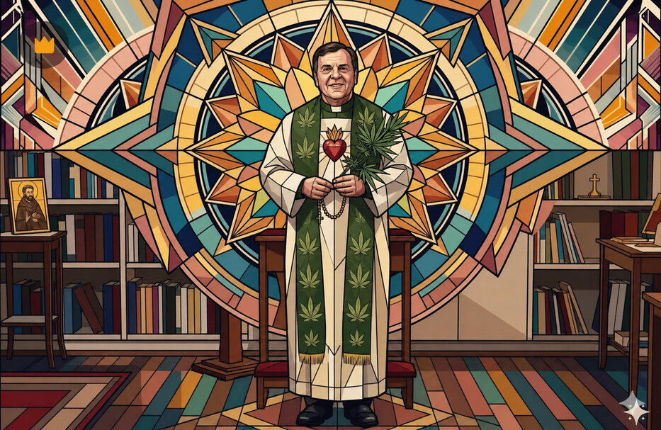 Ilustração em estilo vitral do Padre Ticão, de estola verde com folhas, segurando um ramo de cannabis